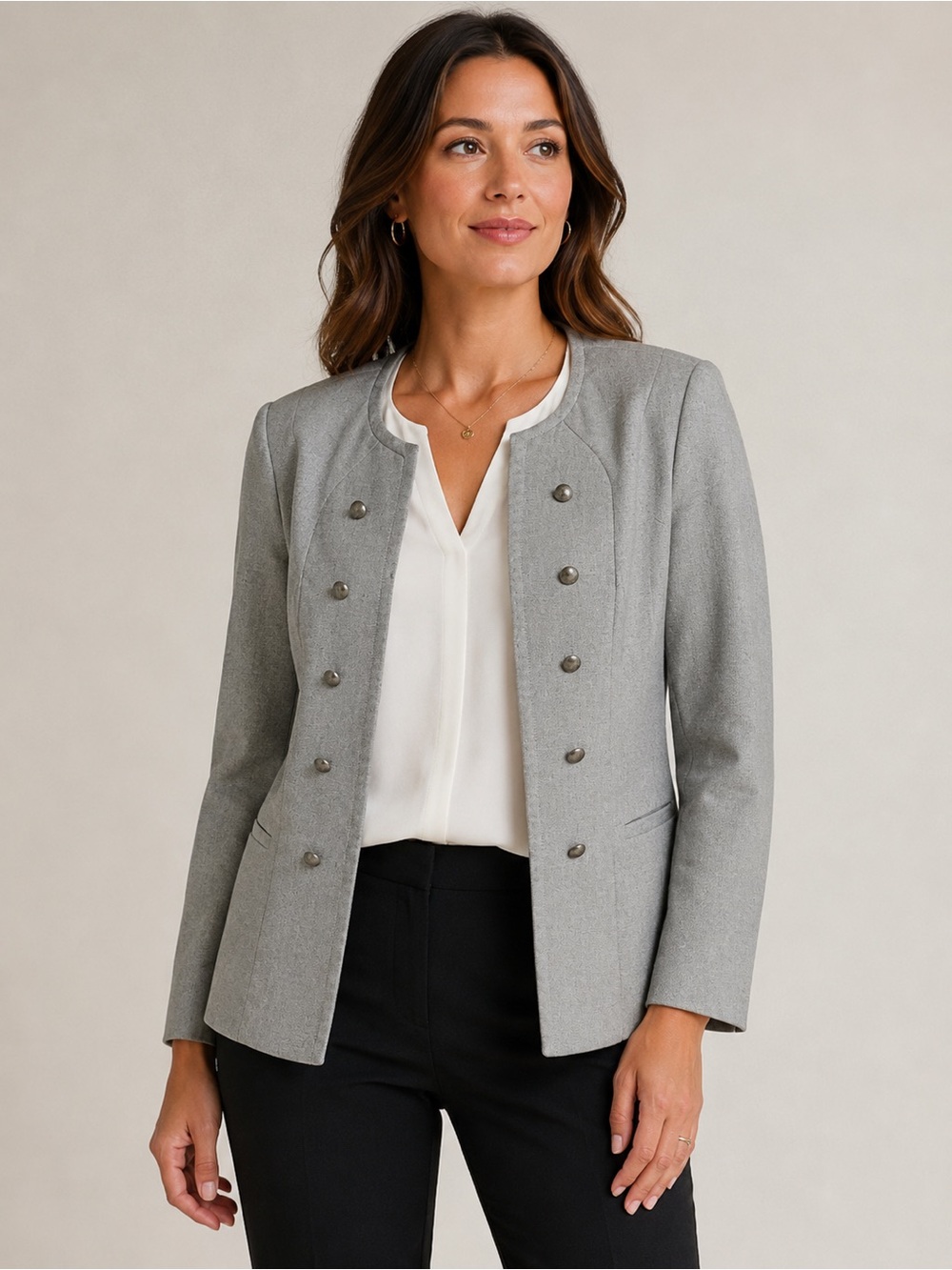 Cleo Grey Tweed Open Front Button Embellished Blazer Jacket Sz M